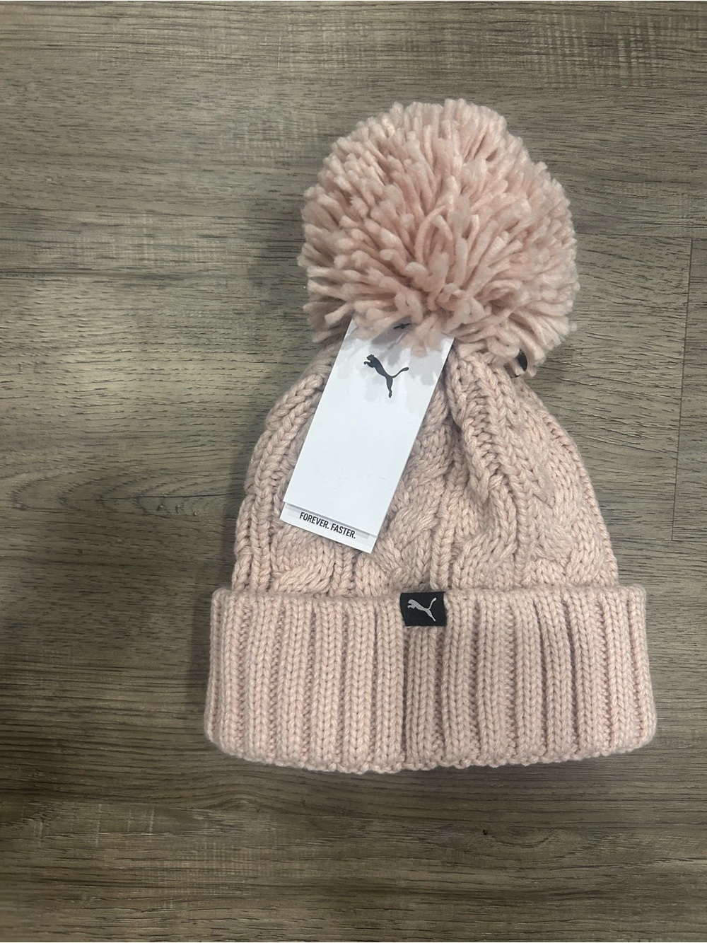 Puma Light Pink Cable Knit Pom Beanie